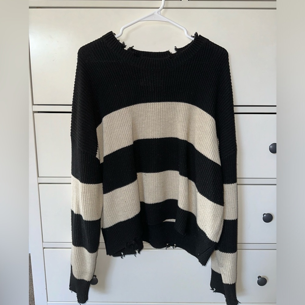 pistola Black & Cream Striped Distressed Crew Sweater